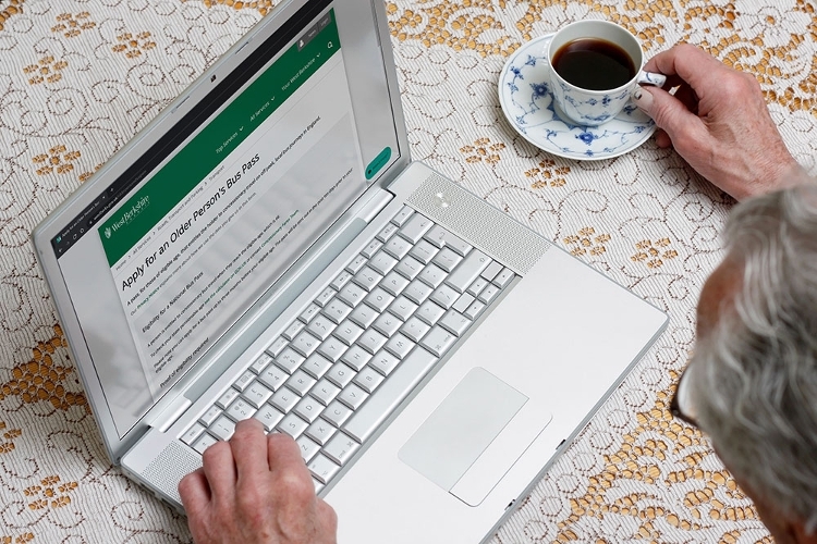 An image of a person looking at a laptop screen showing the online application for a bus pass