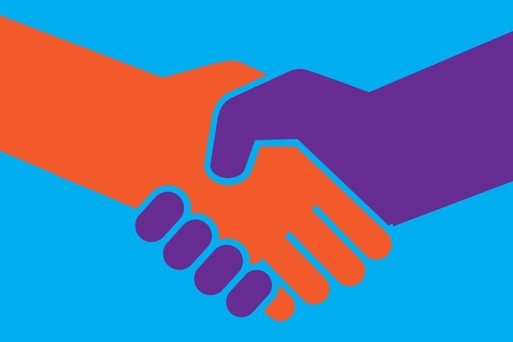 An illustration of a handshake, with one red hand and one purple hand