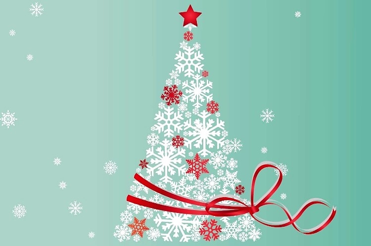 A graphic illustration of a white Christmas tree on a turquoise background.