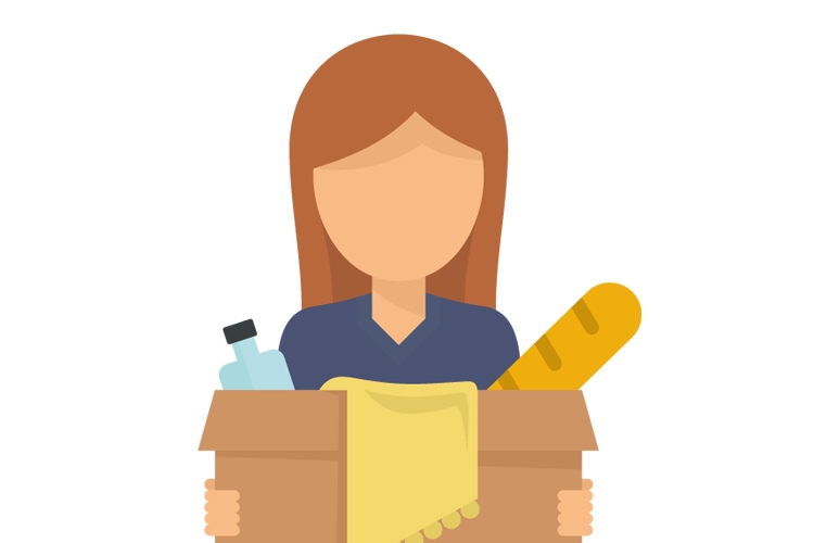 A cartoon illustration of a person holding a box containing a bottle and blanket and a loaf of bread.