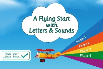 An illustration of a plane flying in the sky with the words 'phase 1', 'phase 2', 'phase 3' and 'phase 4' coming out of the back propeller. There is a cloud in the sky with the words 'A flying start with letters and sounds'