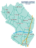 A map of the Community Connect North West Downlands DRT Zone, covering: Beedon, Boxford, Brightwalton, Catmore, Chaddleworth, Donnington, Downend, Farnborough, Fawley, Leckhampstead, North Heath, Peasmore, Snelsmore, Winterbourne