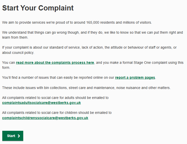 Screenshot of the start page of the complaints process form